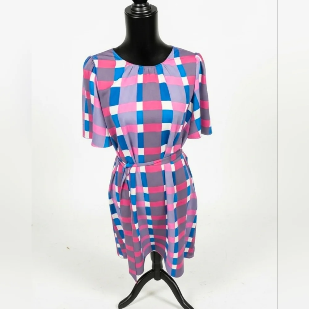 Ann Taylor Factory Plaid Flutter Sleeve Flare Dress | Large | Blue Purple - Picture 3 of 10